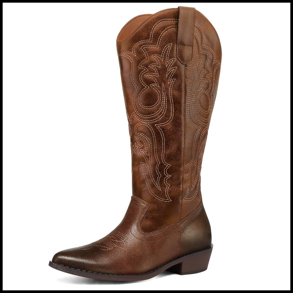 Western Cowboy Boots Wide Calf Embroidered Chunky Heel Pull On Mid Calf